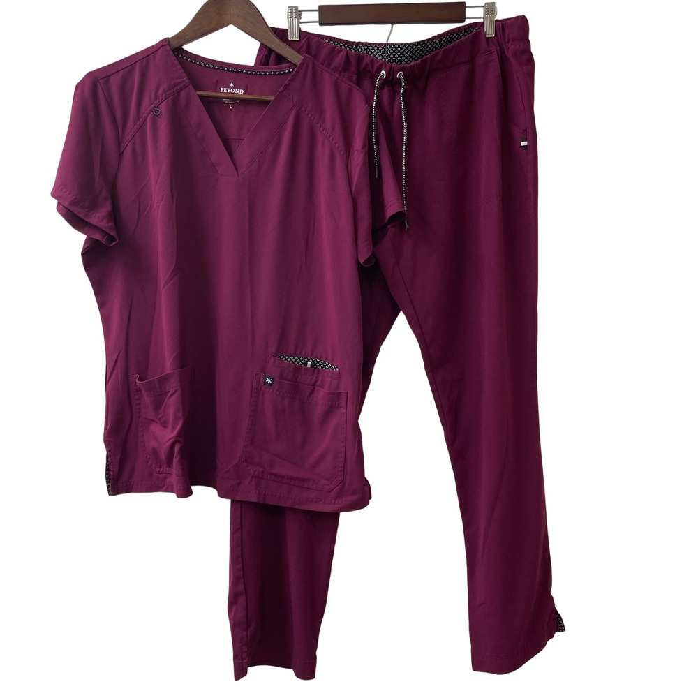 Beyond Scrubs Set Womens Large Plum Stretch V-Neck Top Cargo Pants Nursing